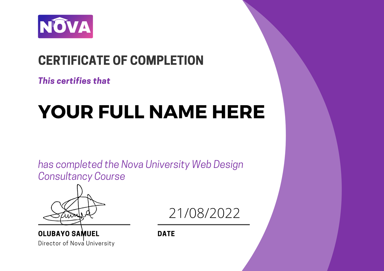 Nova University certificate